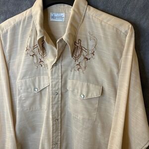 VTG Kmart Mens L Western Pearl Snap Permanent Press Shirt Tan Embroidered Cross